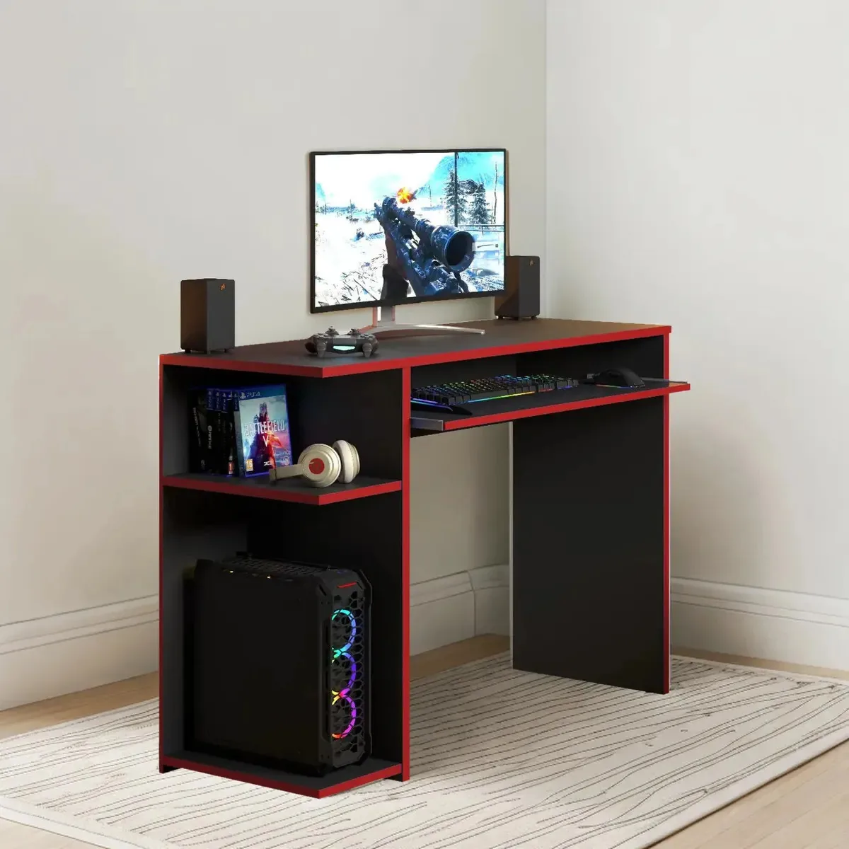 Mesa de mesa Pc Gamer Computer Prateleira - Móveis Web - Preto/Vermelho