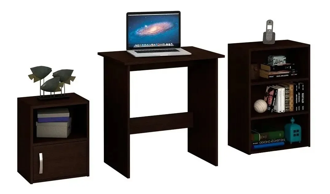 Mesa - Mesa para PC - Escritório - Estante de livros+Biblioteca de cores de tabaco