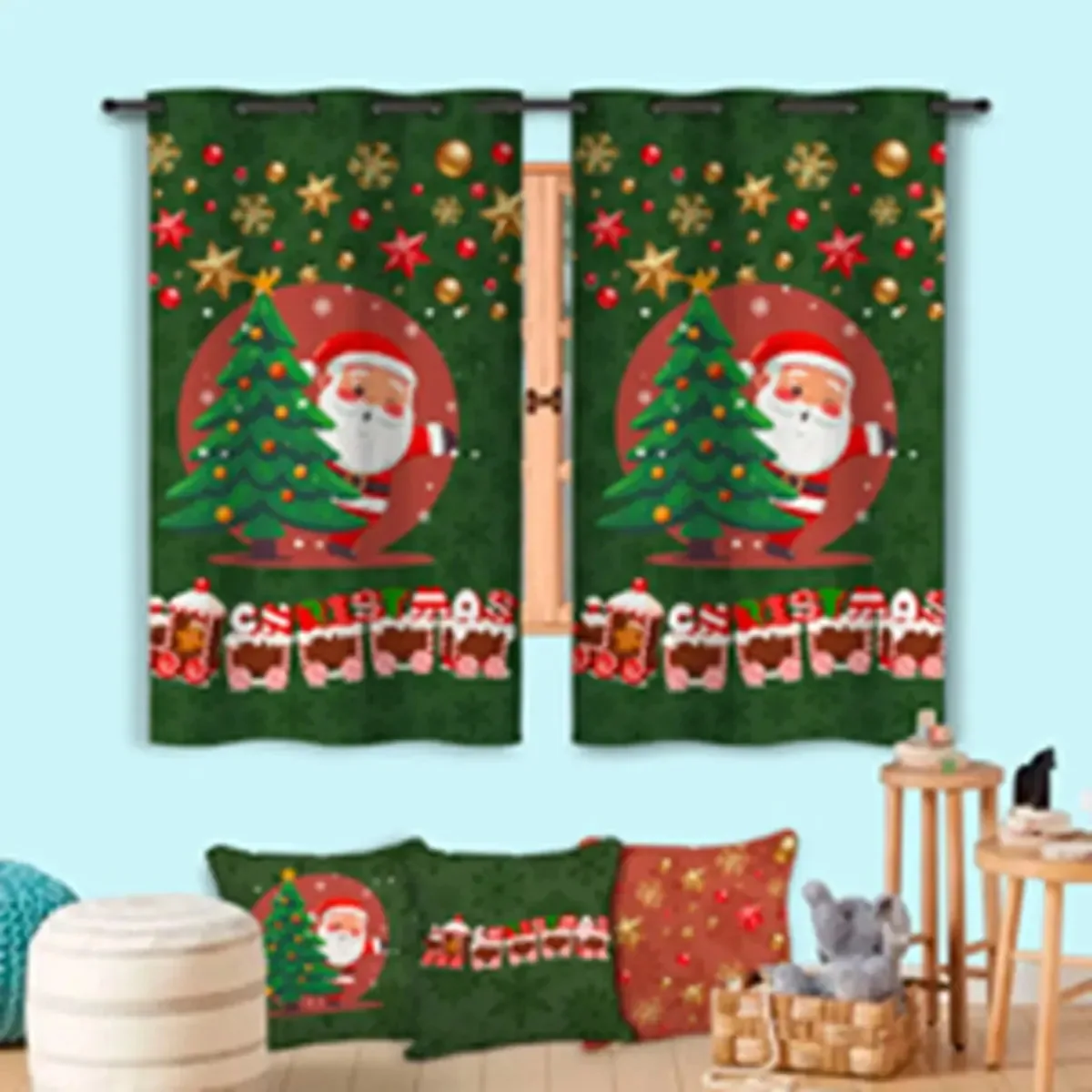 Cortina + Trio Capas Almofadas Papai Noel Natalina Cor Cta146
