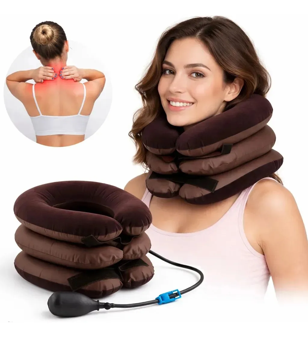 Colar De Tração Cervical Corrige Postura Inflável P/ Pescoço Marrom Gg