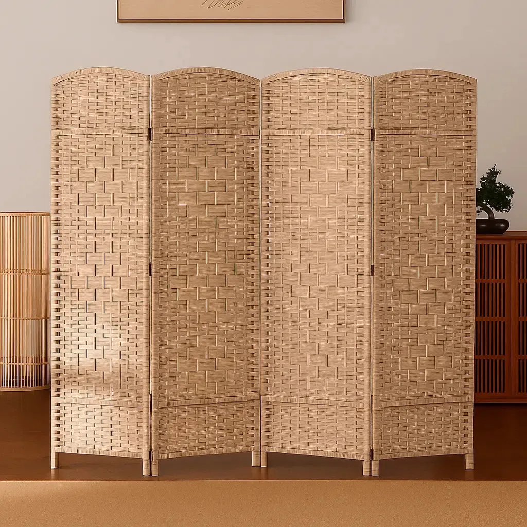 Tela de quarto de vime Living Deco Beige de 4 painéis