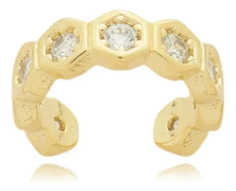 Brinco Piercing Falso Orelha Sextavado De Zirconias Banhado