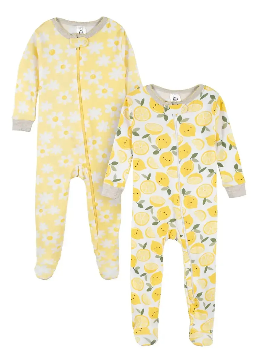 Pacote de macacão Gerber, 2 pijamas para bebês de algodão com pés, cor: amarelo, tamanho 18 cm