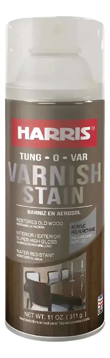 Verniz para manchas de madeira em spray de alta resistência Harris com acabamento brilhante em carvalho escuro