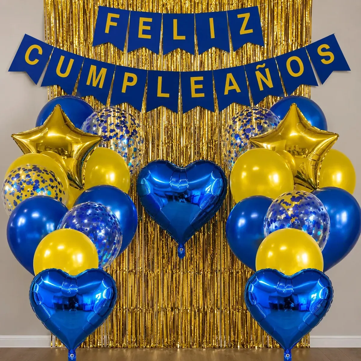 Balões combinados Happy Birthday 25 Art Cotillion, cor azul e amarela
