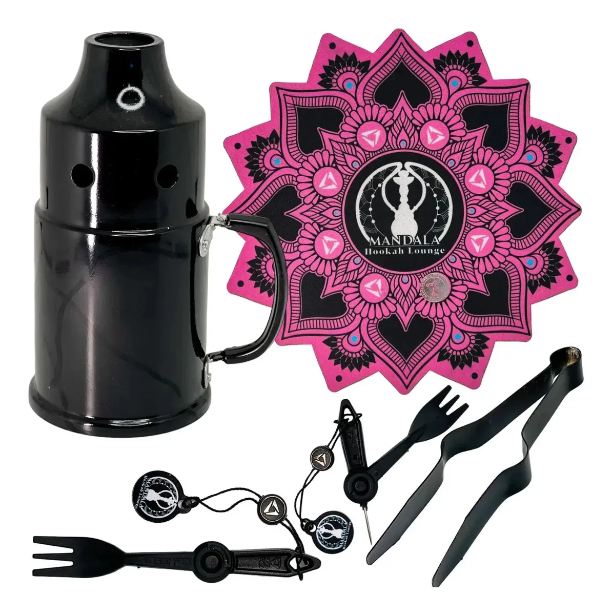 Kit Tapete Para Narguile + Abafador + Pegador Furador Garfo Cor Tapete Rosa - Itens Preto