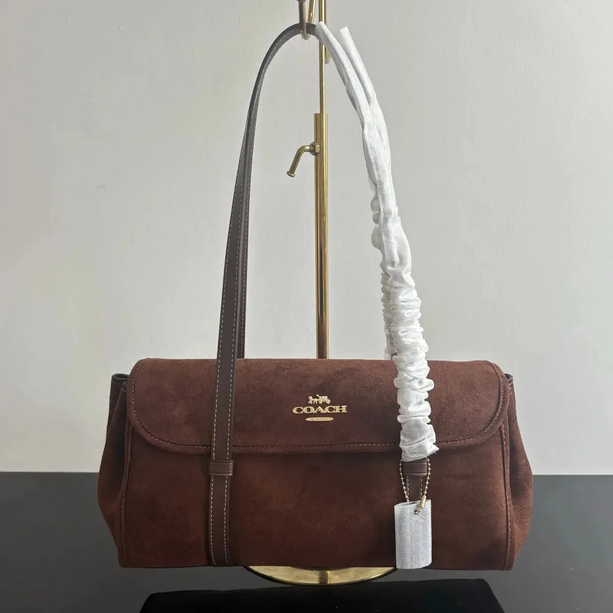 Bolsa de ombro Coach Bridget Bolsa de ombro de couro 34 cm marrom escuro