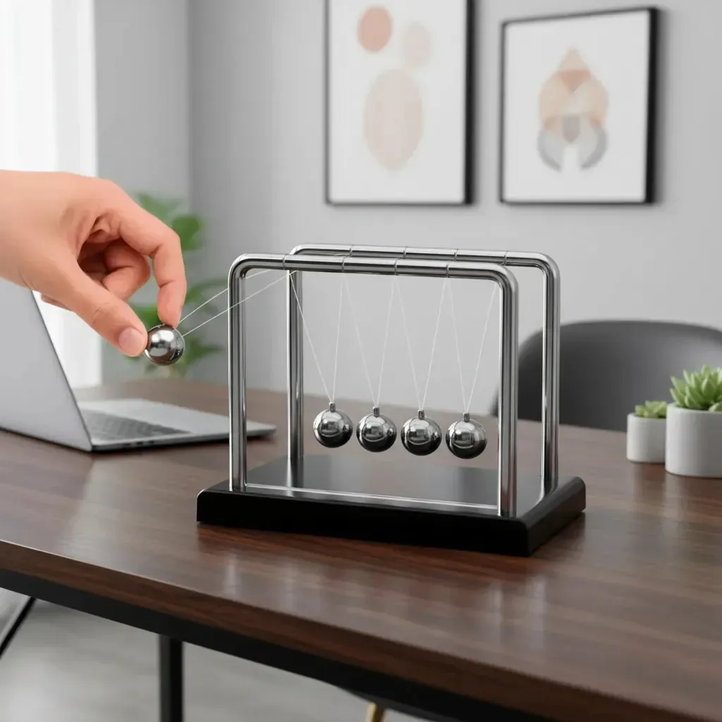 Pêndulo De Newton 14cm Bola De Aço Decoração Mesa Escritório Prateado