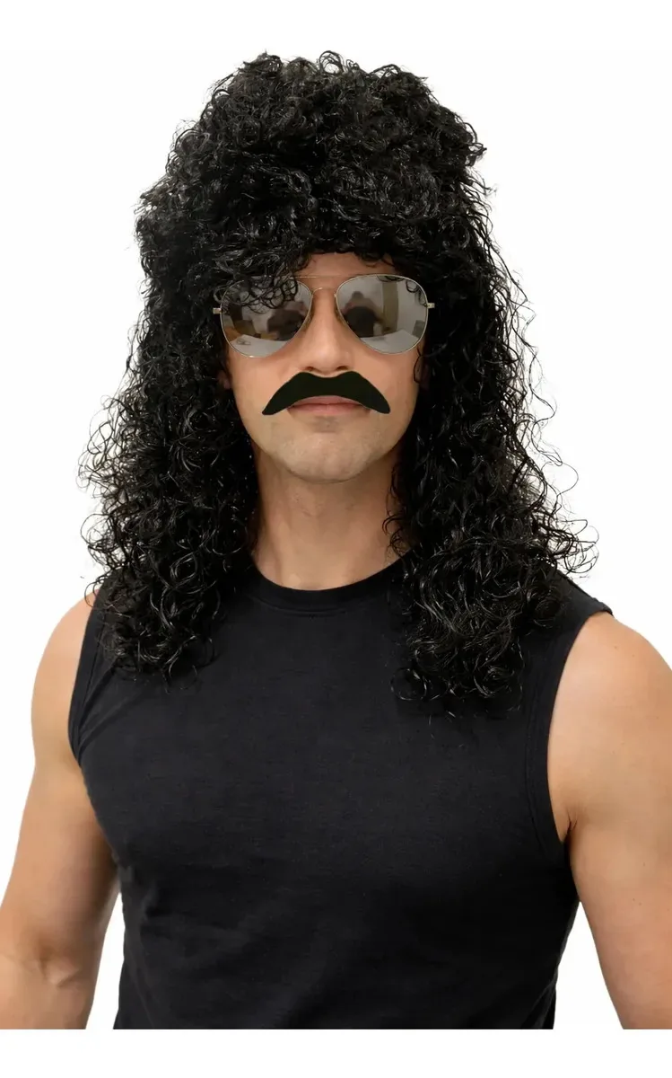 Fantasia Anos 70 Peruca Mullet Bigode E Óculos Festa Cosplay Preto
