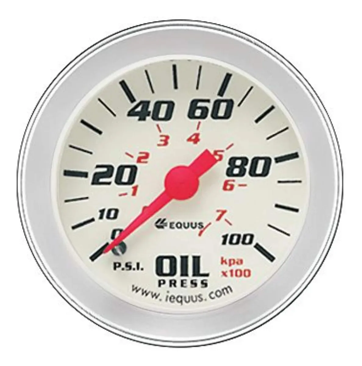 Medidor mecânico de pressão de óleo Equus 8244 de 2 polegadas, branco com moldura de alumínio