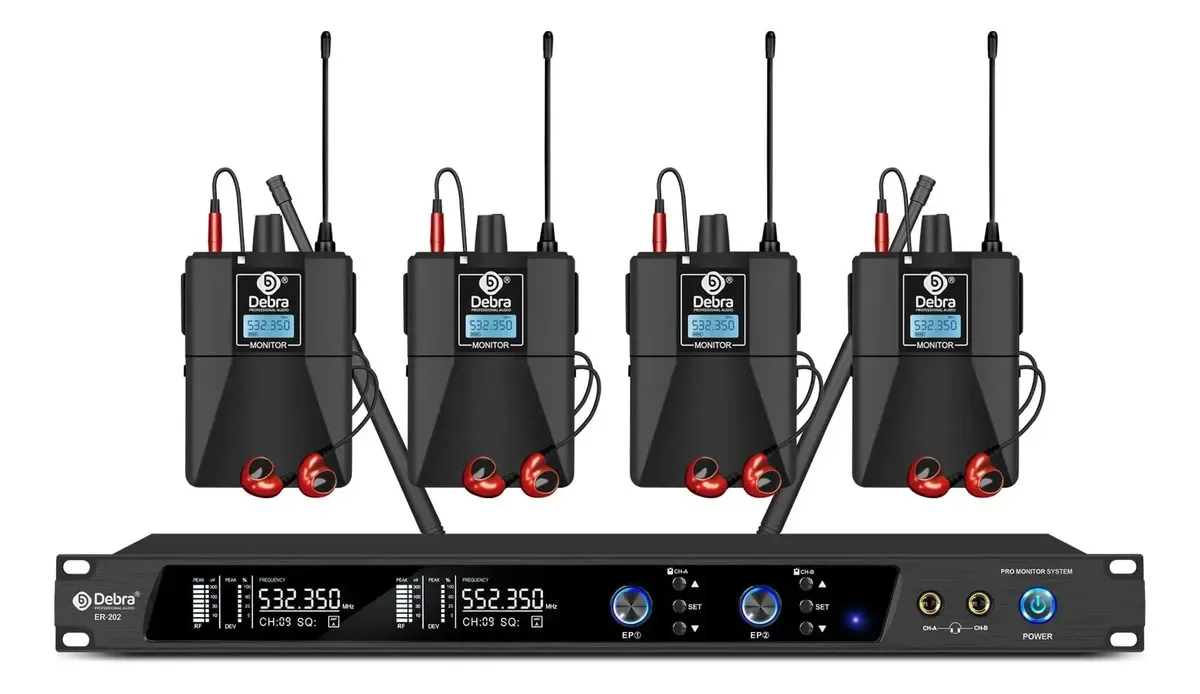 Sistema de monitor de ouvido sem fio de canal duplo D Debra Audio Pro Er-202 UHF com tipo de monitoramento para palco, banda, estúdio de gravação, músicos e monitoramento (4 pacotes corporais com...