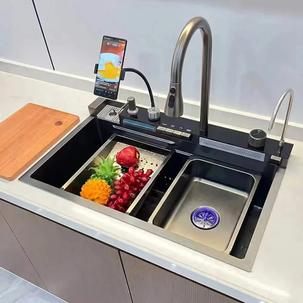 Cuba Para Cozinha Cuba Inteligente Pia Gourmet Multifuncional Cozinha Ducaly Cuba Gourmet Cozinha De Aço Inoxidável Color Cinza-escuro EscovadoTorneira Para Água Filtrada E Suporte Celular