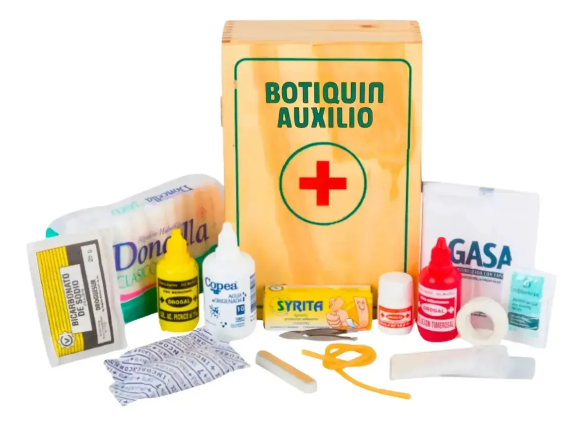 Kit de primeiros socorros de madeira com elementos + pôster