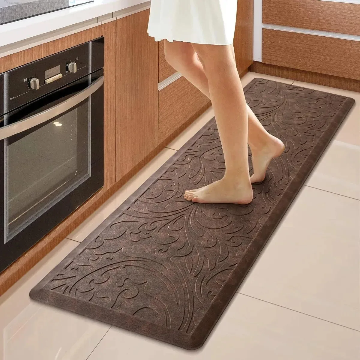 Tapete de cozinha acolchoado marrom antiderrapante e ergonômico