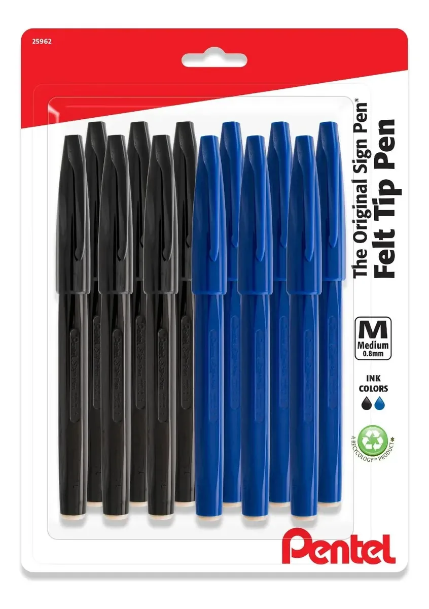 Canetas de feltro Pentel, ponta de fibra, pacote. Azul e preto