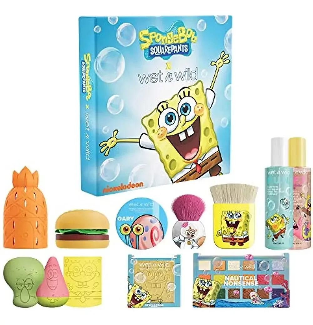 Coleção de maquiagem Wet N Wild SpongeBob Squarepants, pincéis de maquiagem, esponjas de maquiagem, paleta de sombras para os olhos, spray primário (3100-14265)