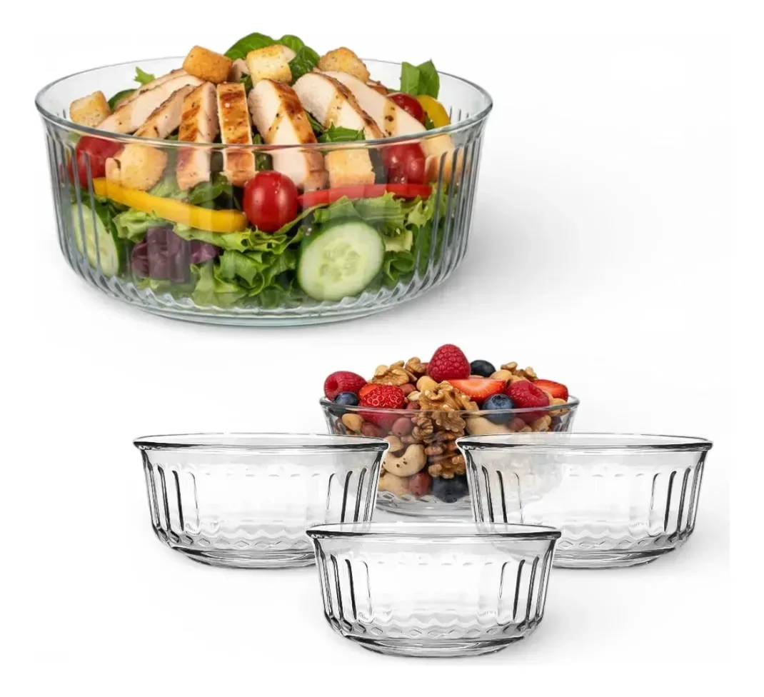 Saladeira transparente crisa e conjunto de tigelas