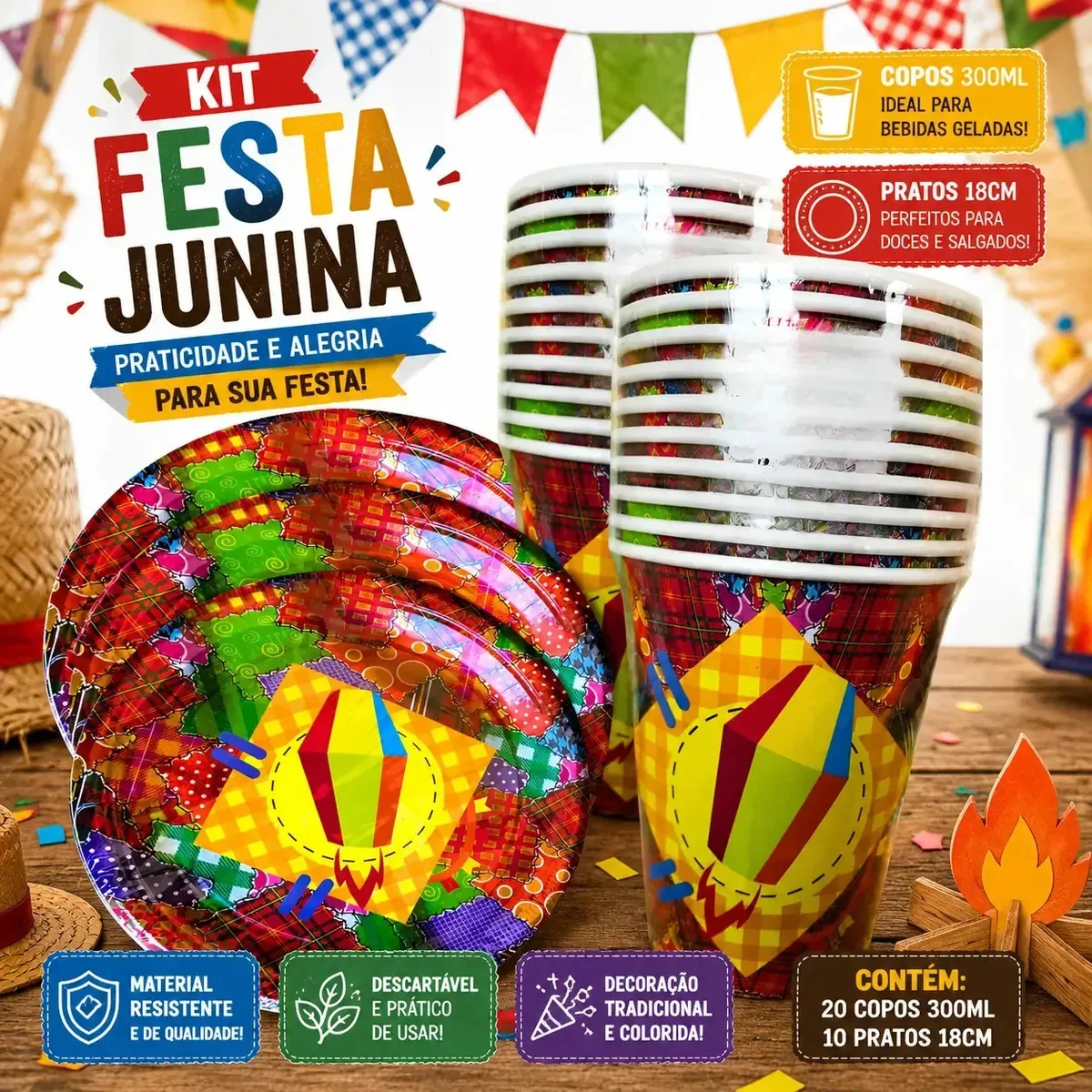 Kit 60 Descartáveis Festa Junina 30 Copos 30 Pratos Balão Vermelho Festa Junina