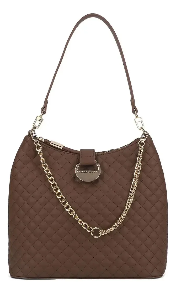 Interior da bolsa feminina Perry Ellis, ampla, alça ajustável, marrom escuro, design de tecido listrado