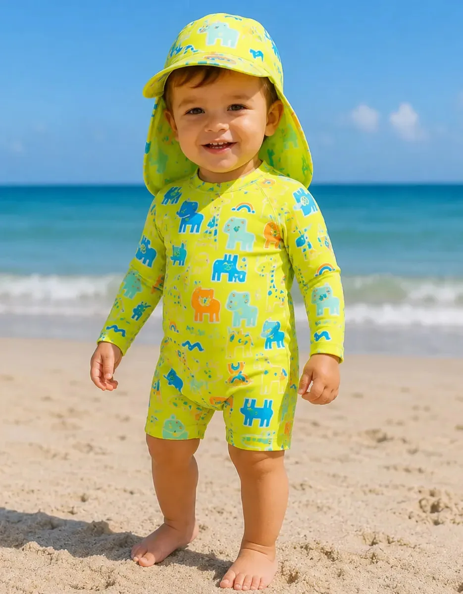 Macacão Bebê Moda Praia Menina Menino Com Chapéu Roupa Banho Selva 03 (18-24 Meses)