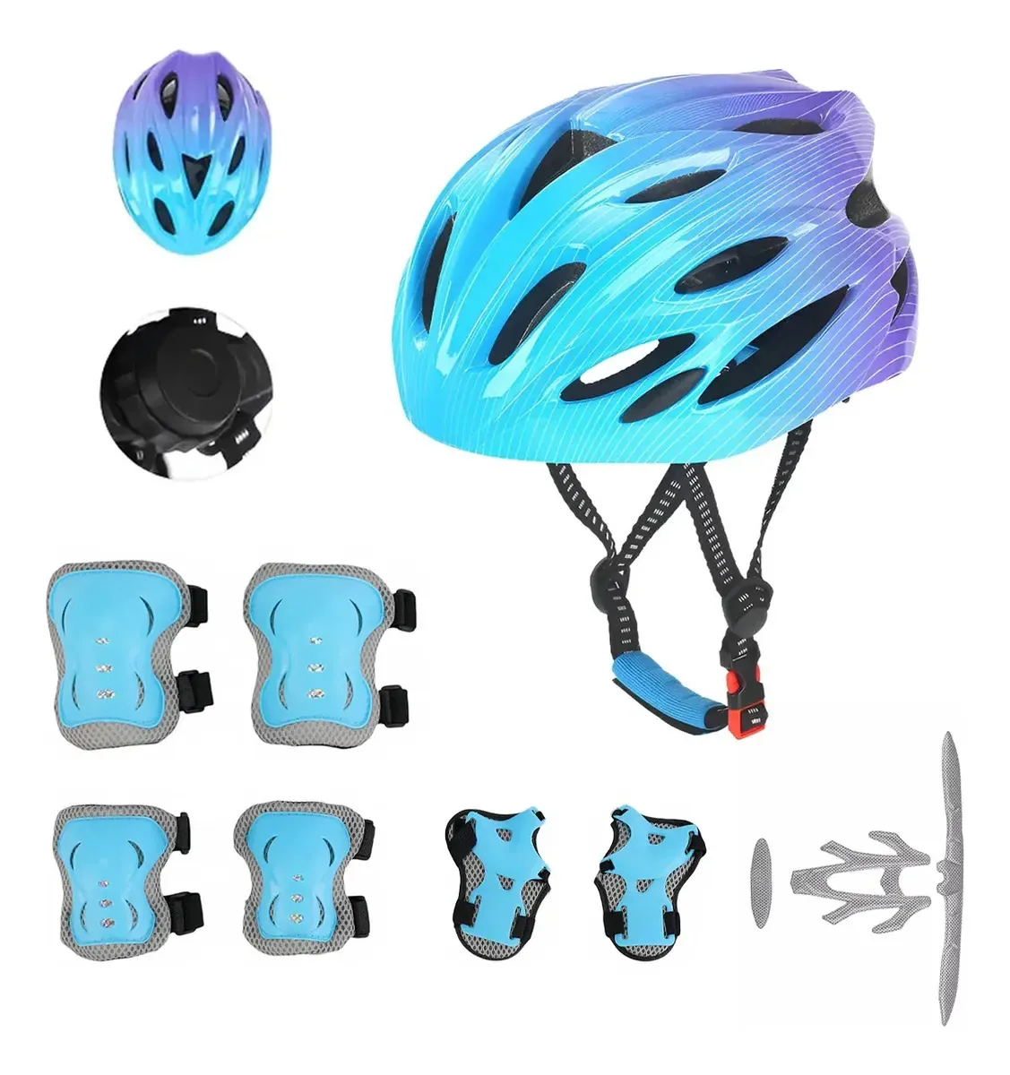 Kit completo de proteção infantil com capacete, joelheiras, cotoveleiras e pulseiras, para crianças, 7 peças de segurança para bicicletas, patins, patins e scooters, cor azul gradiente tamanho M,...