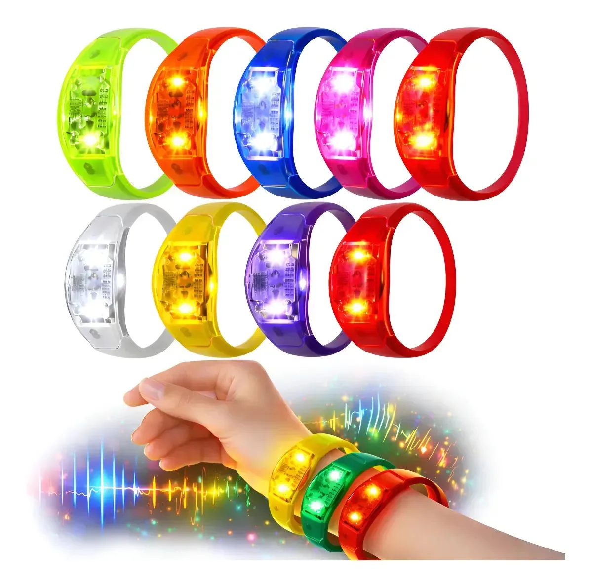 Kit 50 Pulseiras Led Coloridas Ativada Por Som Batida Festa Cor Sortido