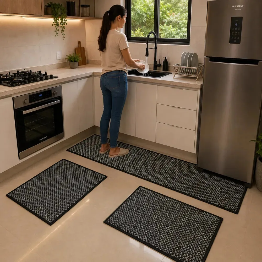 Jogo Tapetes Cozinha Sofisticada 3 Peças Lavável Trançado Preto