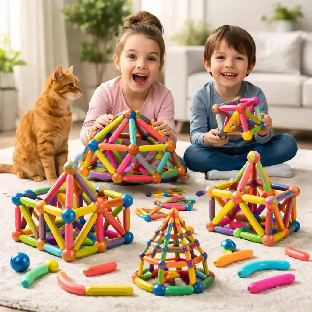 Blocos Montar Magnético Montagem Brinquedos Haste Esfera Educativo Bolas Bastões Kit Encaixe Criativo 3D Infantil Desenvolvimento Coordenação Imã Peças Geométricas Didático