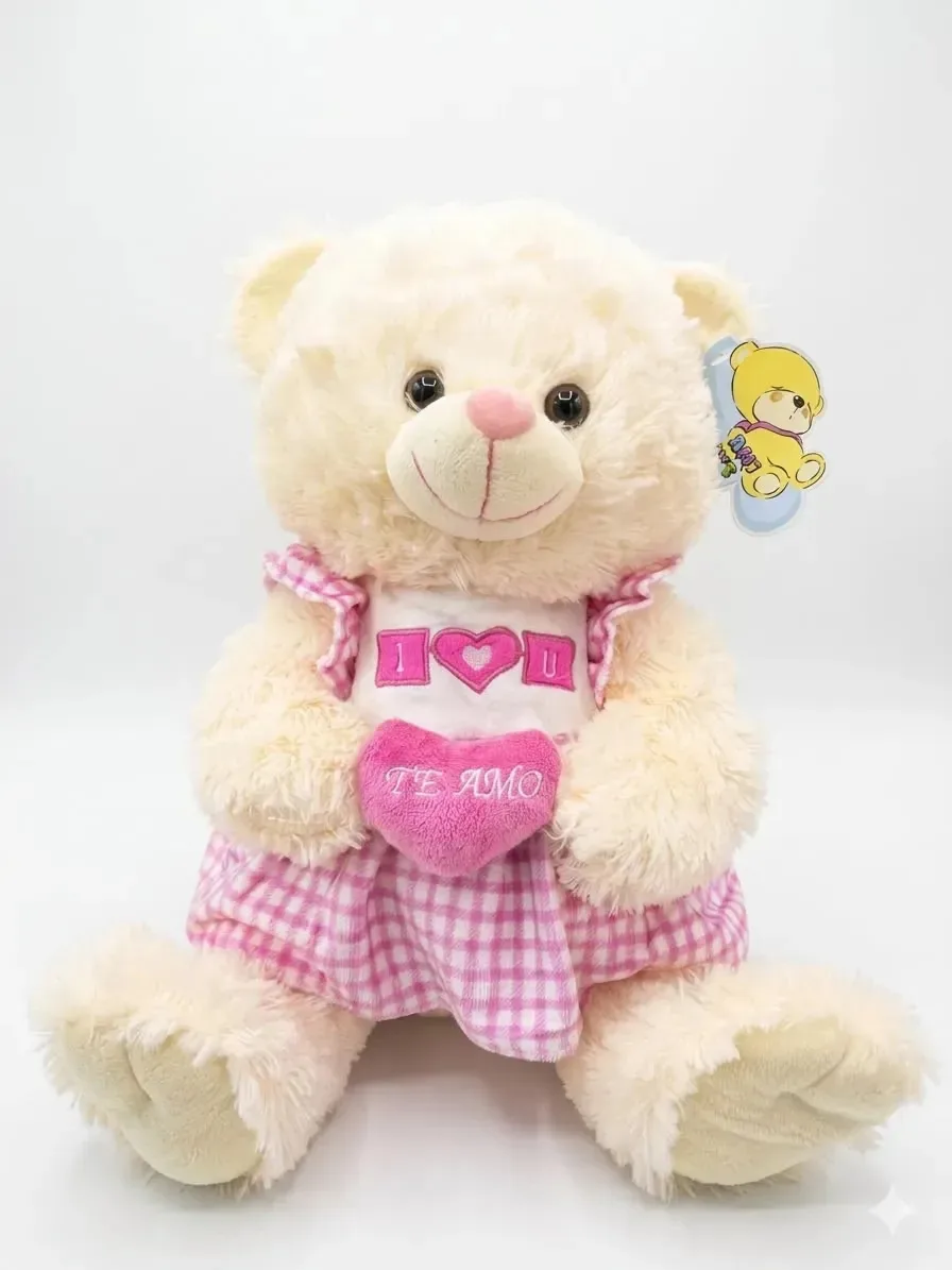 Brinquedo de pelúcia I Love You Bear de 40 cm com dois vestidos quadrados rosa