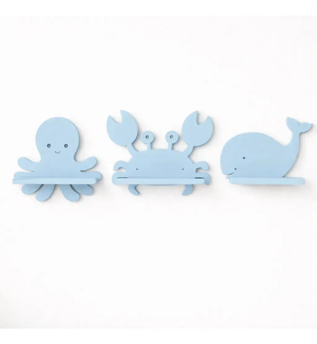 Trio Prateleira Fundo Do Mar Decoração Quarto Em Mdf Azul Bebê