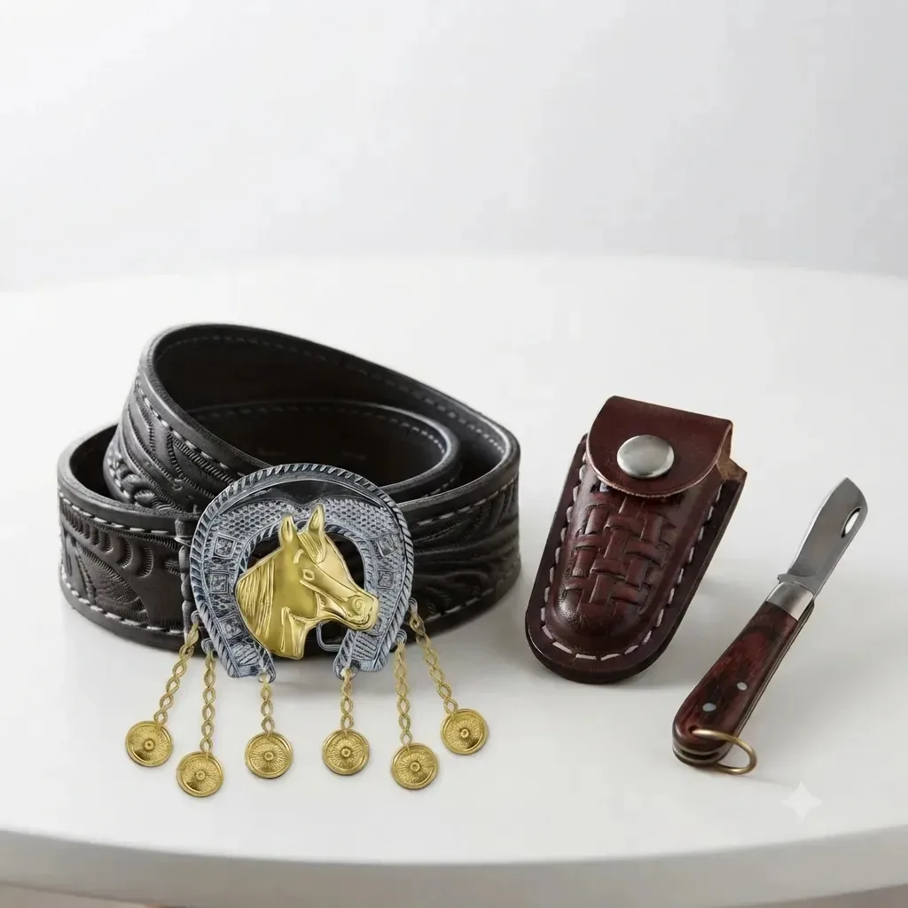 Kit Infantil Feminino Country Cowgirl Agro Cinto Em Couro Legítimo Entalhado Cor Preta, Fivela Prateada Em Zamac Com Cara De Cavalo Dourado E Medalhas, Mini Bainha Infantil Com Canivete