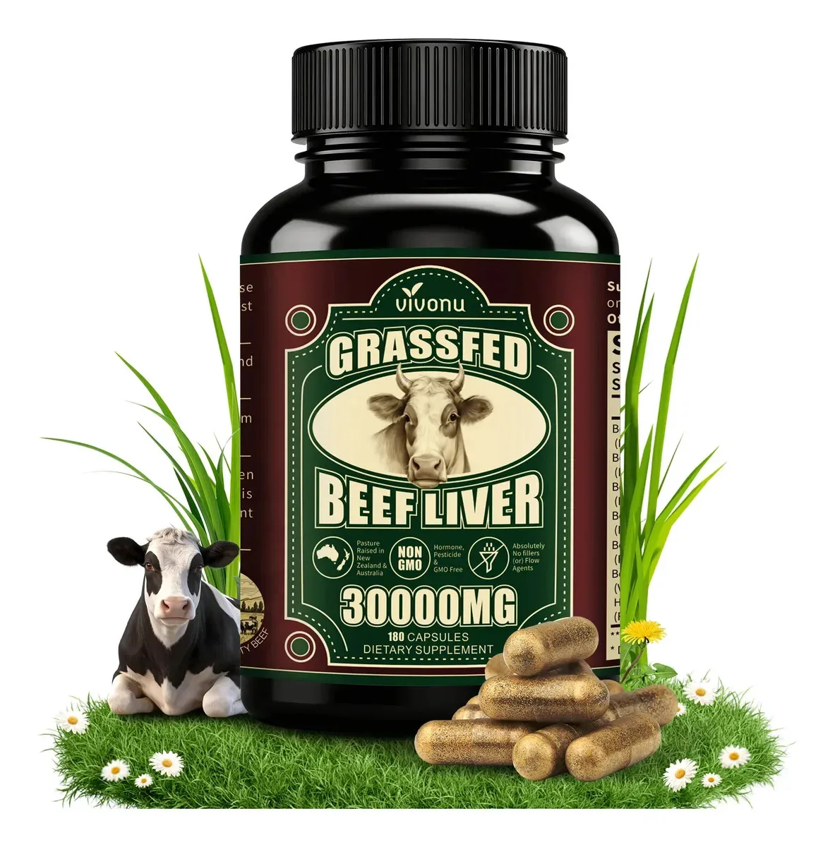 Suplemento de órgãos de carne bovina Vivonu para mulheres, 60 dias sem sabor