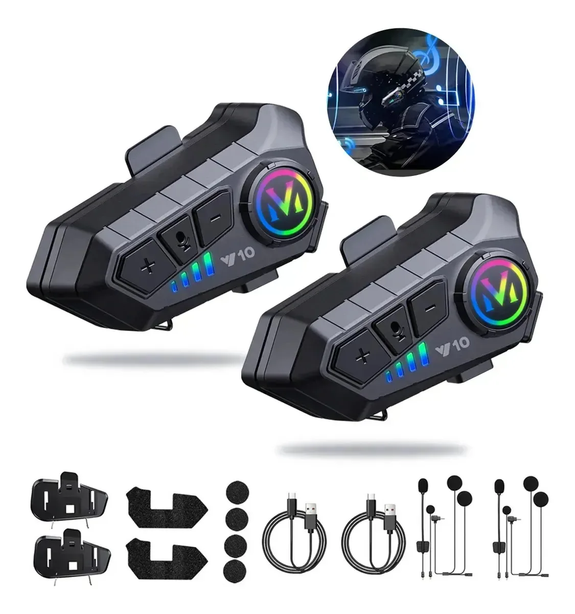 2 peças de fone de ouvido Bluetooth Vasoyo Helmet para Moto 2 peças. Uma carga rápida de 20 minutos com carregamento rápido tipo C fornece 3 horas