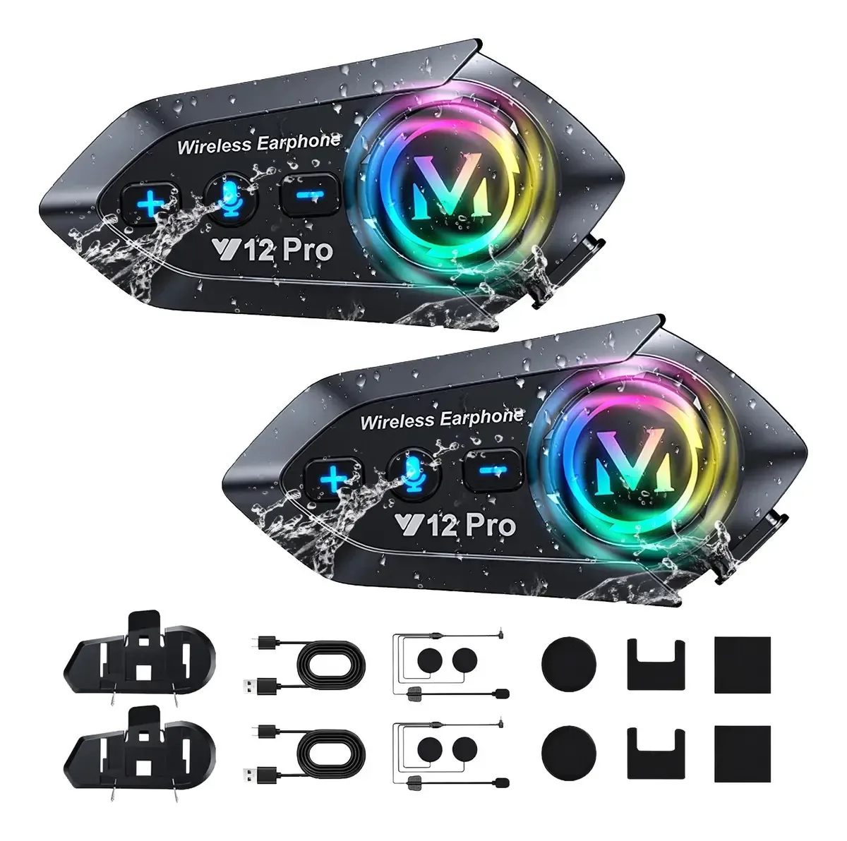2 peças de fone de ouvido para capacete de motocicleta Y12Pro com interfone Bluetooth 5.4 500M