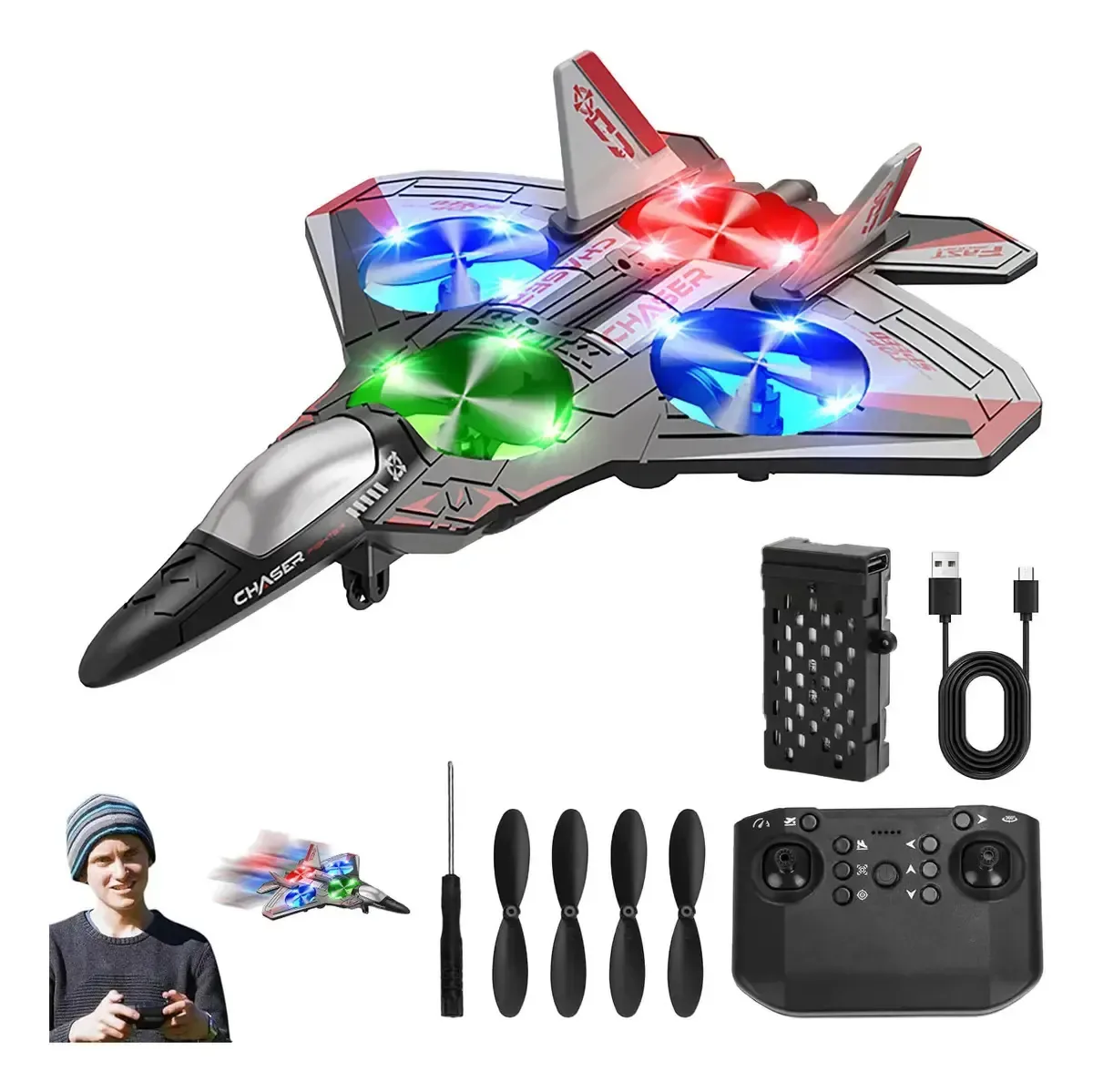Mini drones Zyf para crianças, avião de combate RC de 2,4 GHz com rotação de 360°, giroscópio de 6 eixos e radar duplo para evitar obstáculos com luzes de navegação LED vermelhas e azuis