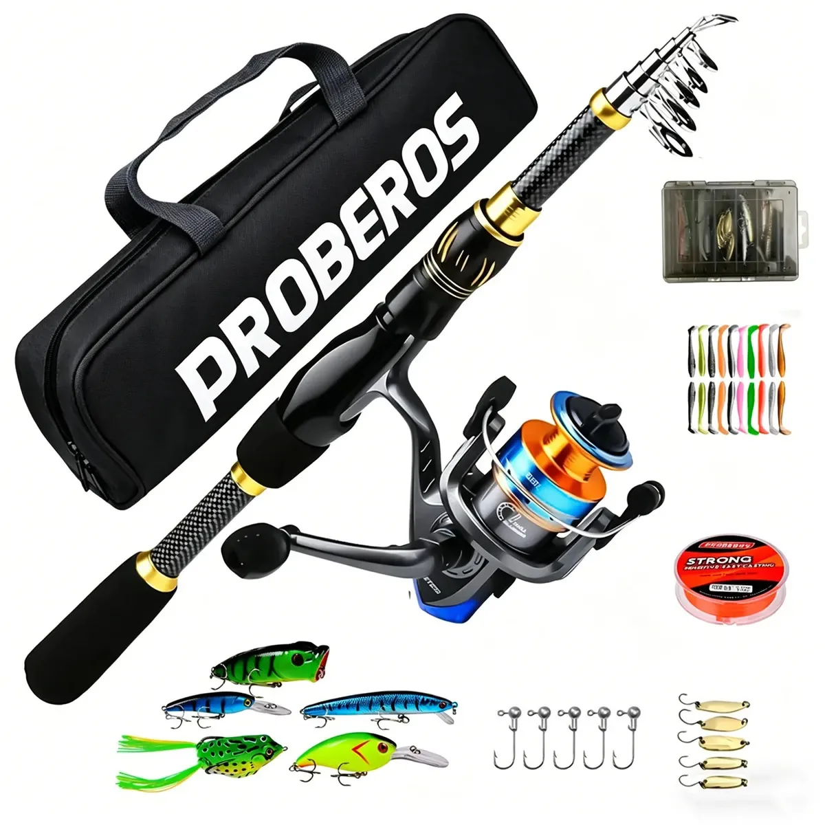 Vara de pesca telescópica de fibra de vidro Lubardy de 1,8 m, acessórios de pesca completos, ganchos, pesca profissional para rio, cordas e bolsa portátil com bobina, lago e mar