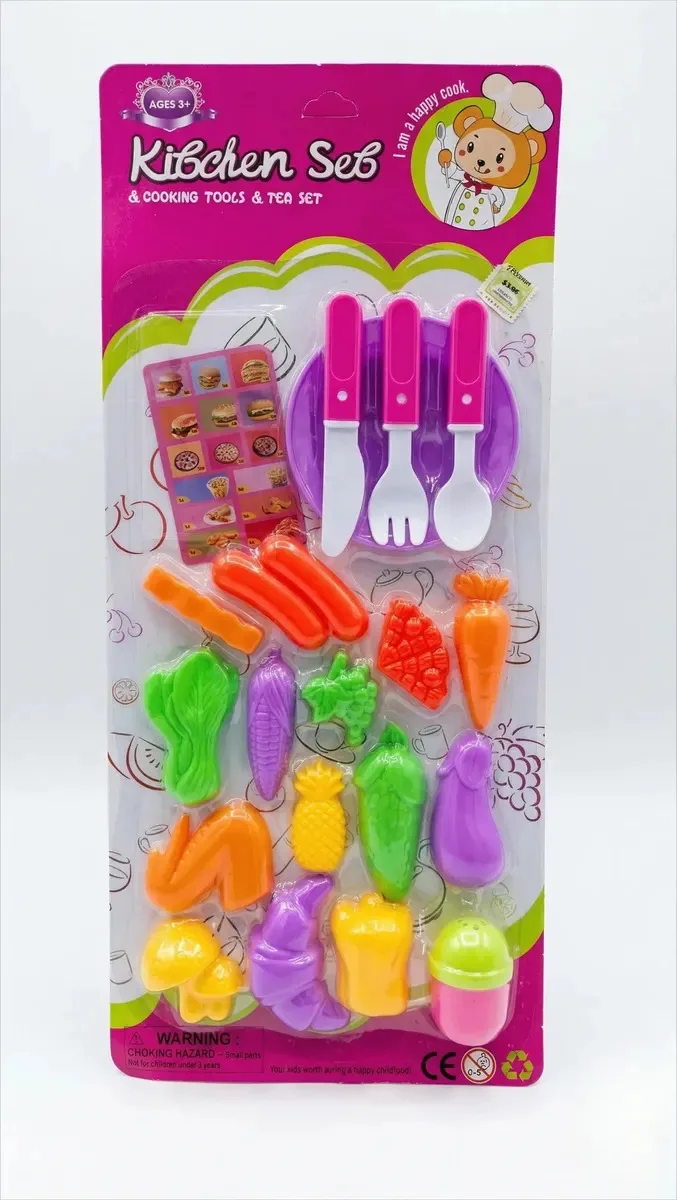 Conjunto de cozinha infantil, brinquedos, frutas, vegetais e talheres