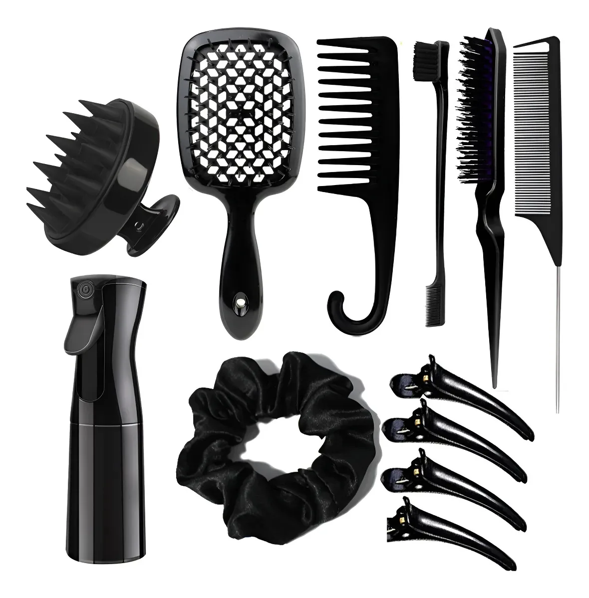 Kit 12 Peças Salão Beleza Escovas E Pentes Cacheados Cor Preto