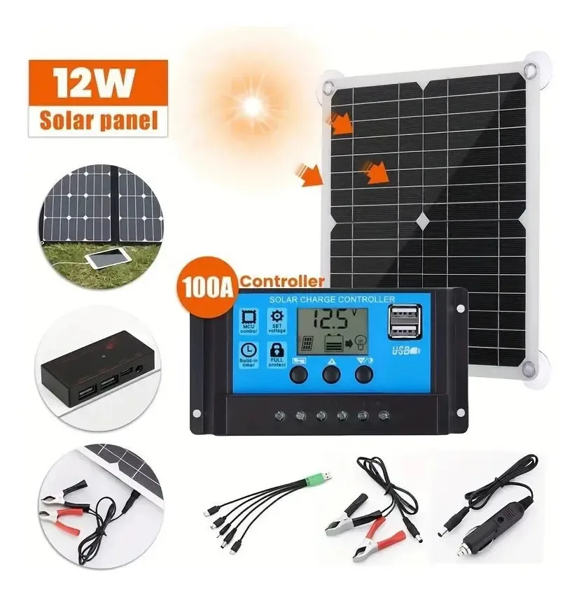 Painel solar de 100w e kit de controlador solar de 100a para carregar baterias de 12v