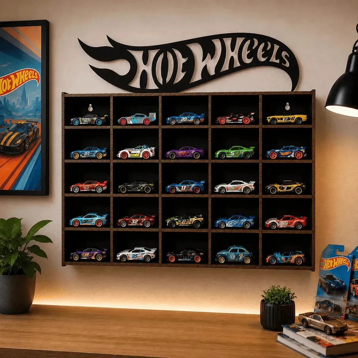Porta Carrinhos Hot Wheels De Parede Mdf 25 Espaços Coleção