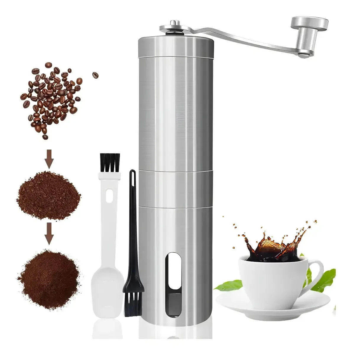 Moedor manual de grãos para especiarias, grãos de café, nozes, mas também grãos inteirosSQEEQE Molino de Cafe Manual Prateado