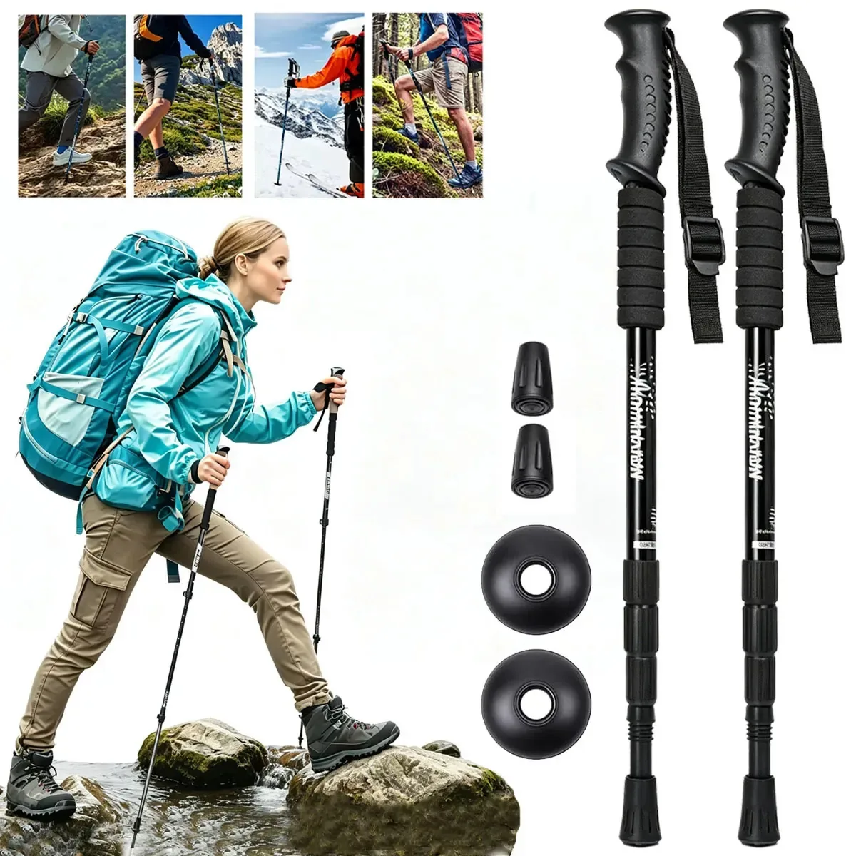 Bastões de caminhada telescópicos ajustáveis de alumínio de 52 a 110 cm, telescópico antichoque para corrida em trilhas, alpinismo, caminhada, inclui protetor de roseta e biqueira
