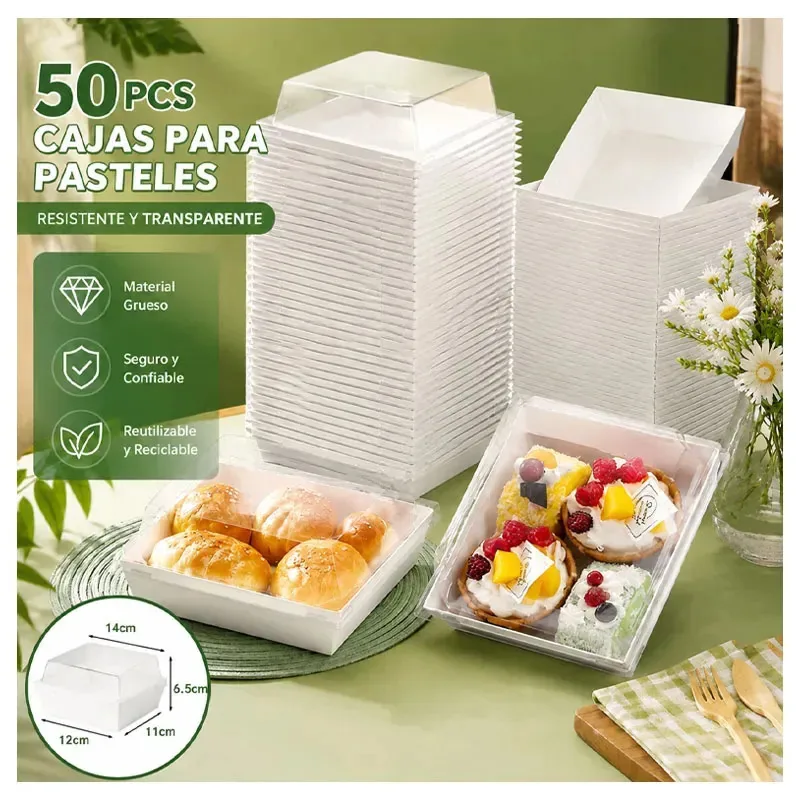 50 caixas pequenas de salsicha com tampas transparentes, 12* 11* 6,5 cm, caixas de papel para padaria, caixas de sobremesas brancas, recipientes descartáveis para viagem, para biscoitos, minibolos,...