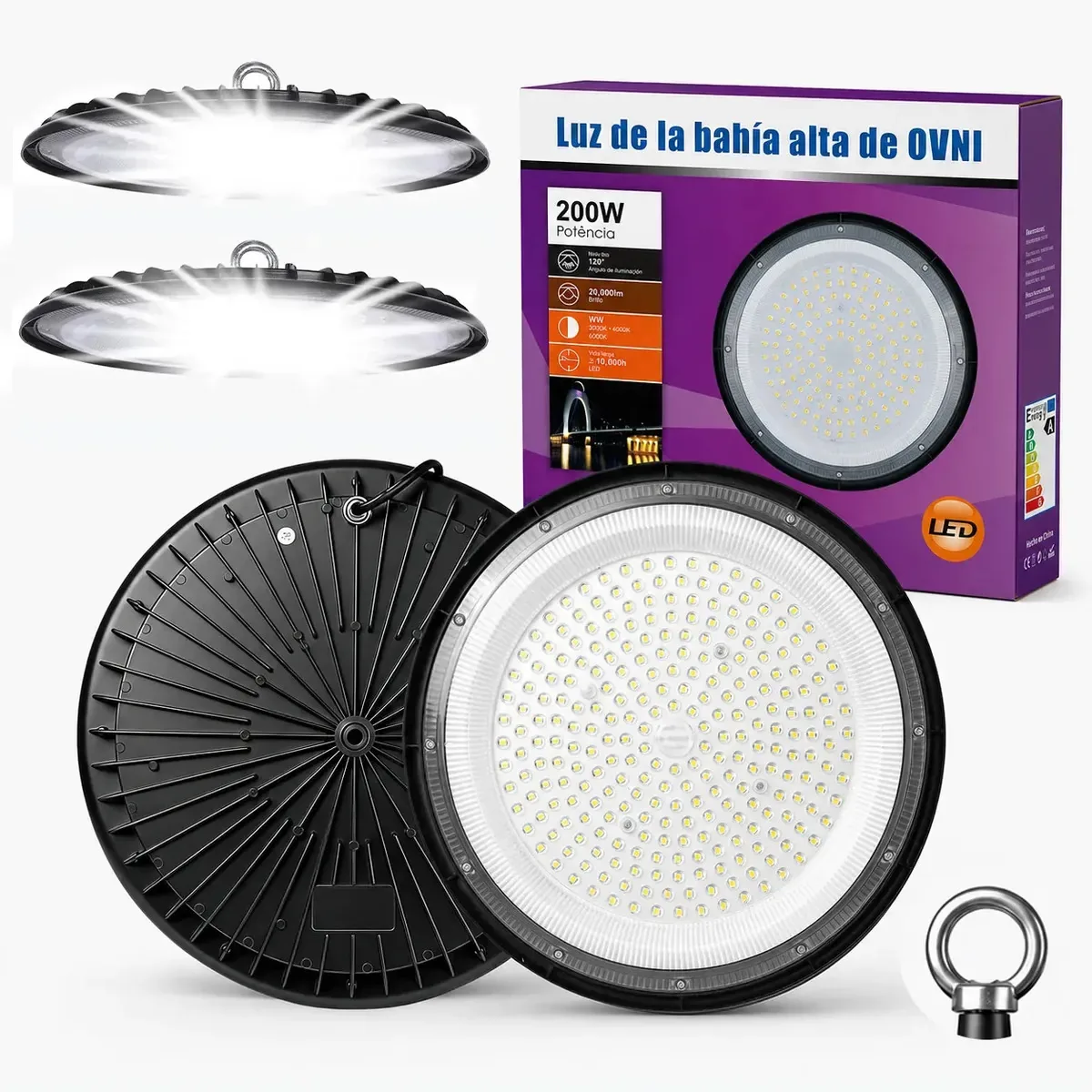 2 unidades de lâmpada LED industrial de 200 W, iluminação pendente UFO, 6500 k, branca | Lâmpada UFO comercial impermeável de alto brilho e luz suspensa de teto para cozinha doméstica, fábricas e...