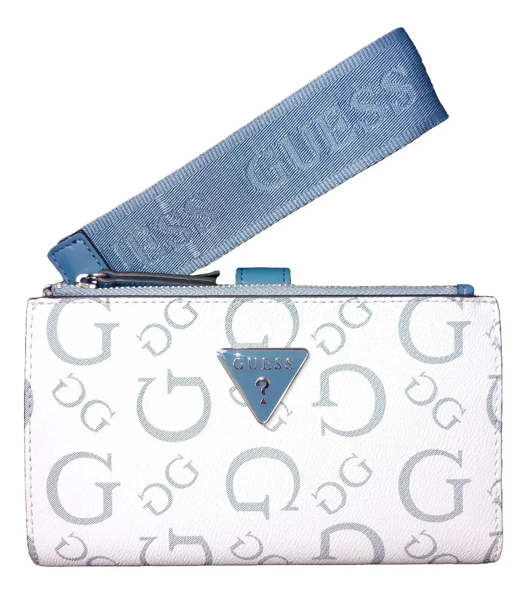 Carteiras: Bolsas Guess Multi Clutch Purse, cor: azul claro, design de tecido, Charlestown