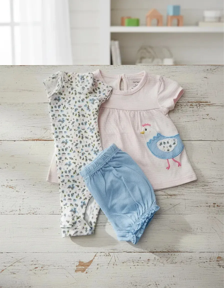 Conjunto Bebê Carter's De 3 Com Body, Shorts E Bata Rosa Para 6 Meses