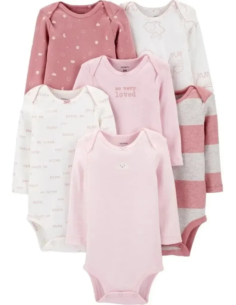 Body Bebe Manga Longa Carters Kit Com 6 Bodies Cor Rosa Tamanho 6m