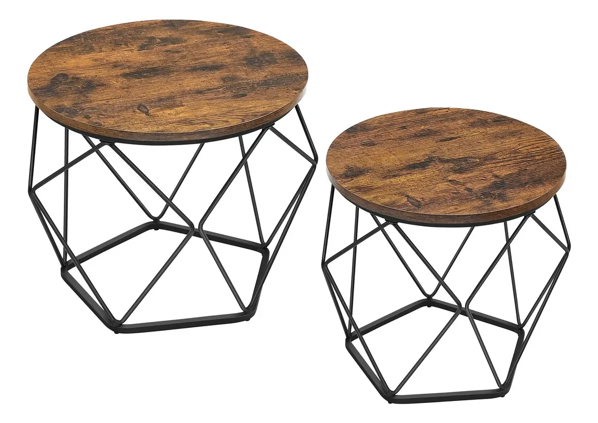 Conjunto de 2 mesas laterais, rústicas marrons e pretas