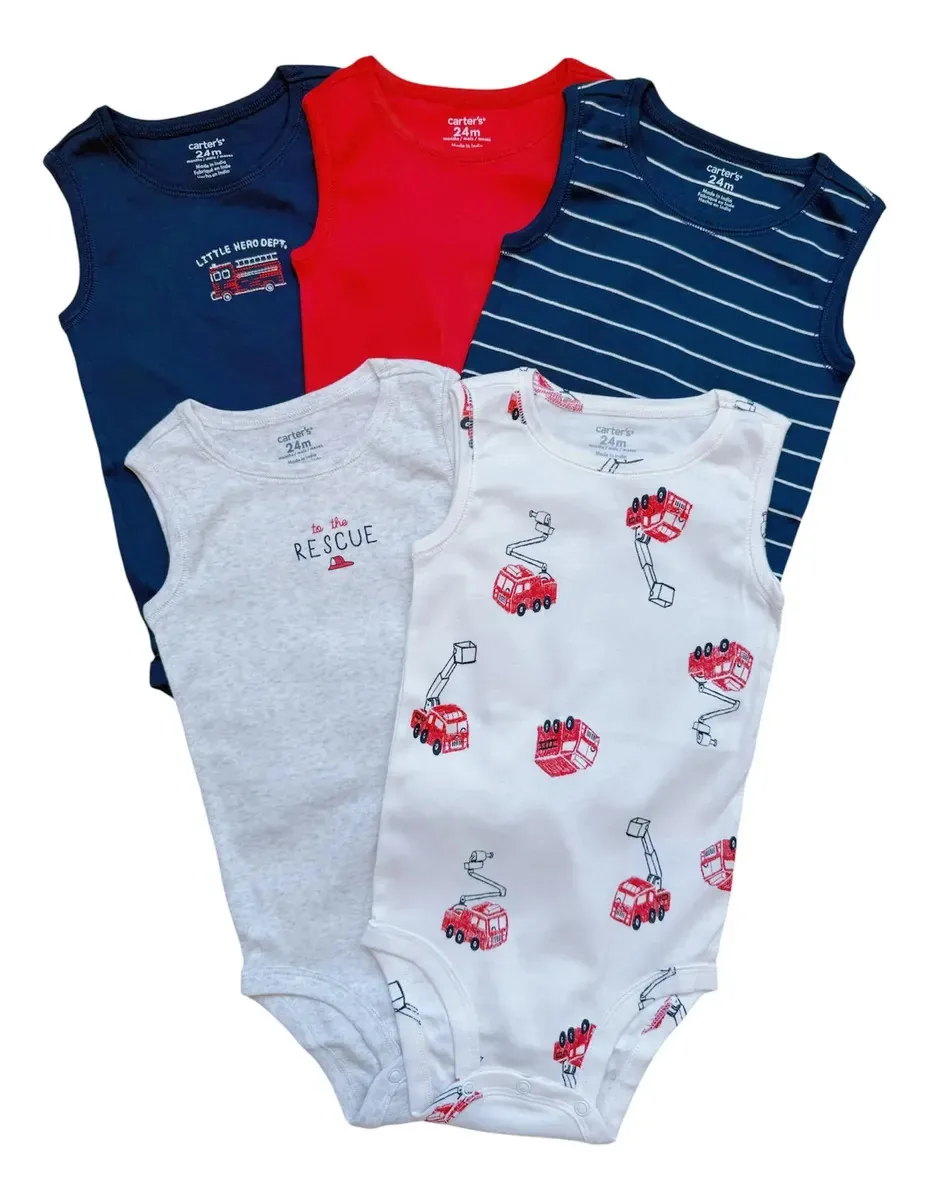 Body Carters Bebê Menino Kit 5 Bodies Regata Verão Calor Cor Azul-escuro Tamanho 9m