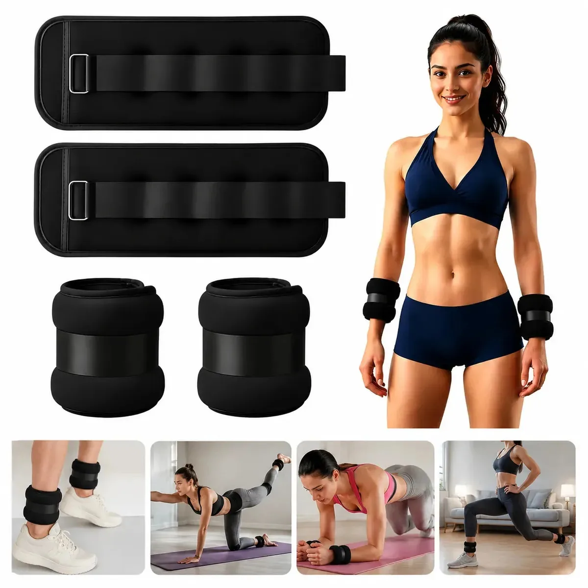 Acessório de fitness pesando 2 kg para rotinas de exercícios, pesos ajustáveis, par de leggings com peso para tornozelos e pulsos, preto